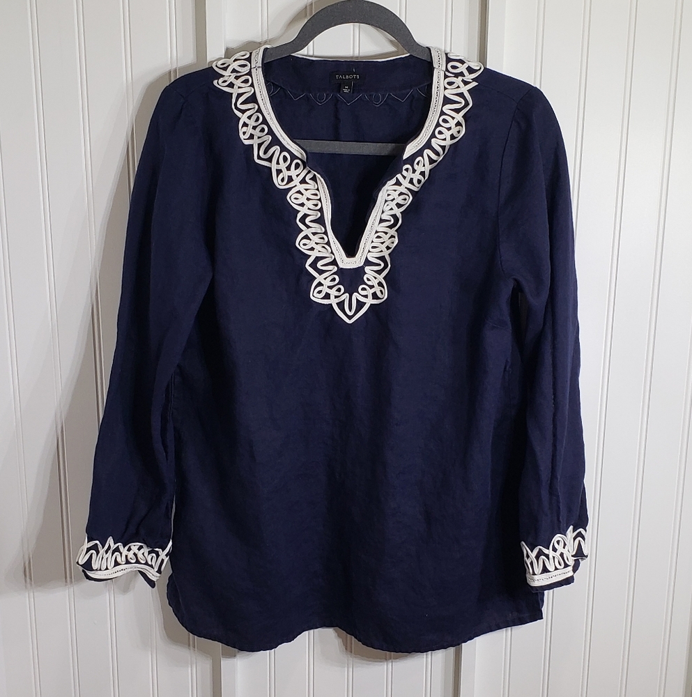 Talbots Navy Tunic with White Embroidered Trim